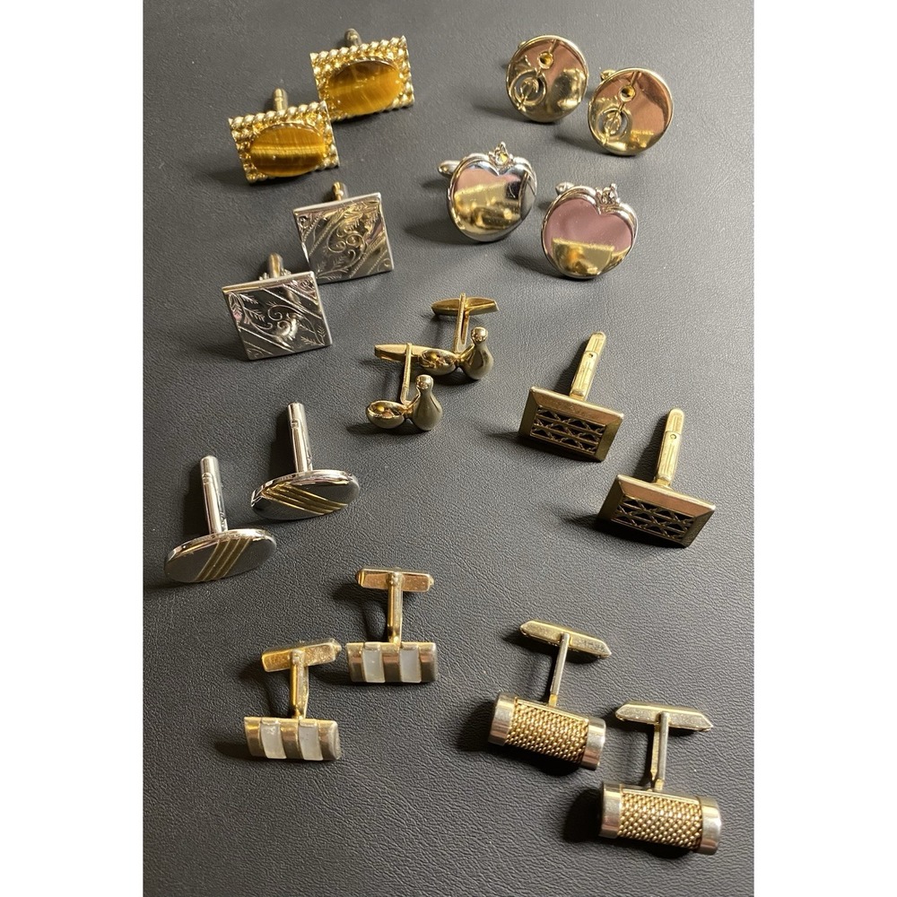 Vintage 9 Pairs Gold Tone & Silver Tone Cufflinks Men's Accessory Set Lot